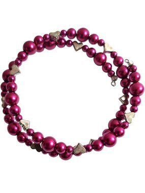 Heart Bracelet memory wire Pink bead silver tone love Valentines jewelry